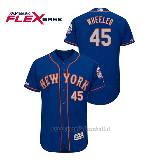 Maglia Baseball Uomo New York Mets Zack Wheeler 150th Aniversario Patch Autentico Flex Base Blu